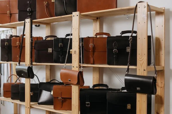 black and brown leathers men and women bags displayed in rack